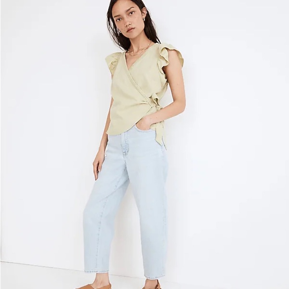 Madewell Linen-Blend Flutter-Sleeve Wrap Top EUC